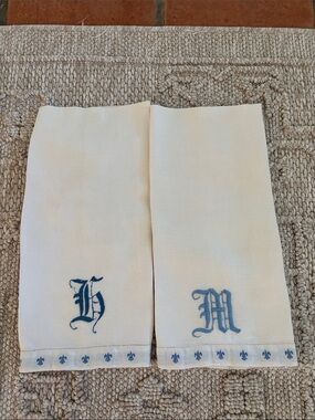 Embroidered Monogram Linen Hand Towels - Blue on Cream